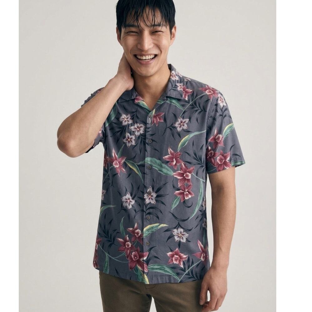 Vintage Hawaii Blues Shirt LARGE Aloha Floral Grey Island Tiki Party Shirt Mens